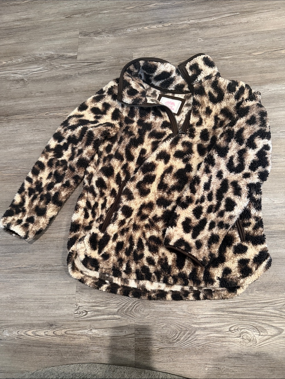 Leopard Print Fleece Pullover Hoodie - Beige/Black
